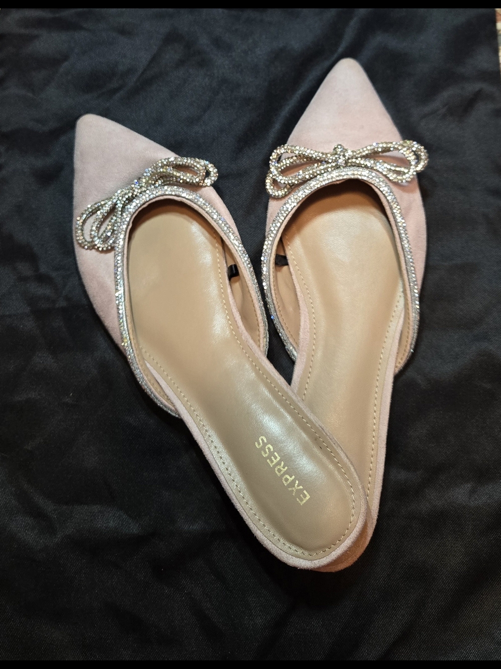 Express Pink Pointed Toe Slip On Flats With Sparkling Crystal Bow Accent-size 10